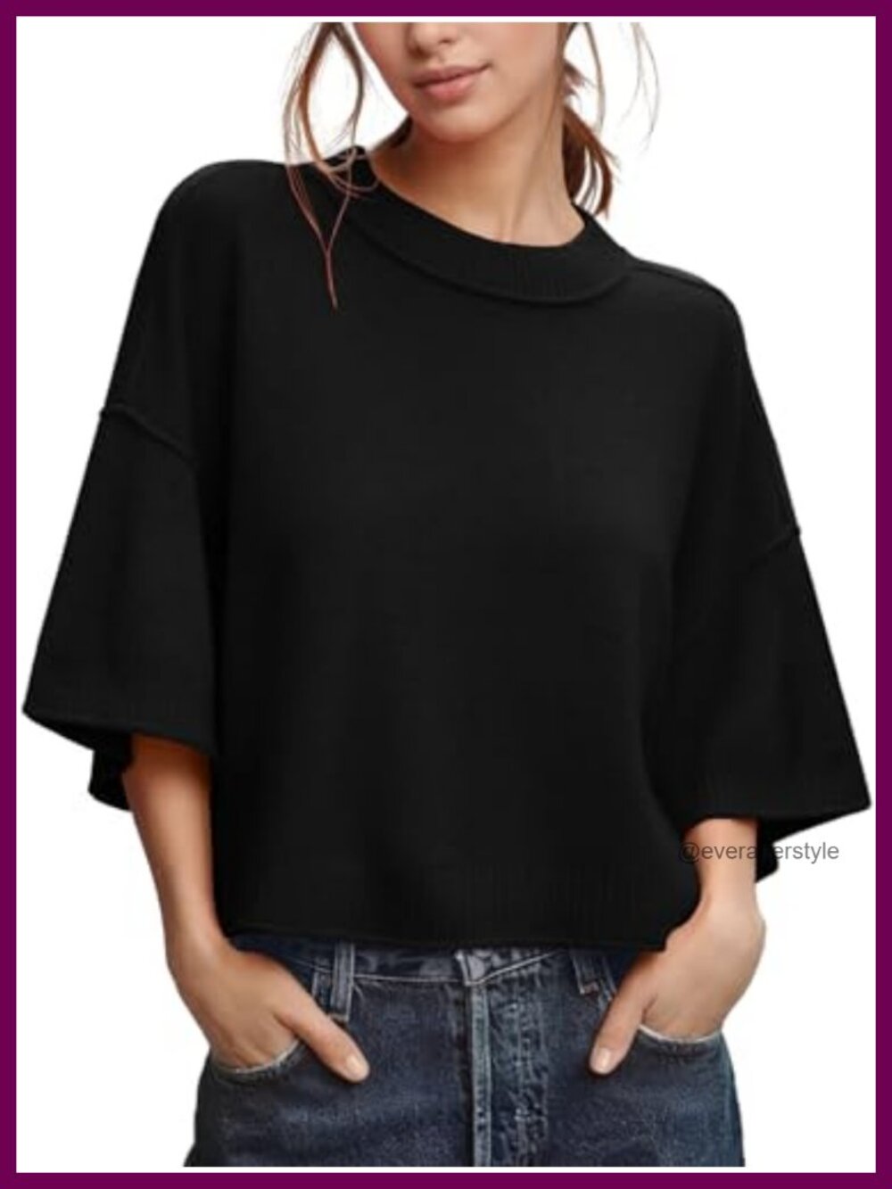 Womens Cropped Knit Pullover 3/4 Sleeve Crew Neck Soft